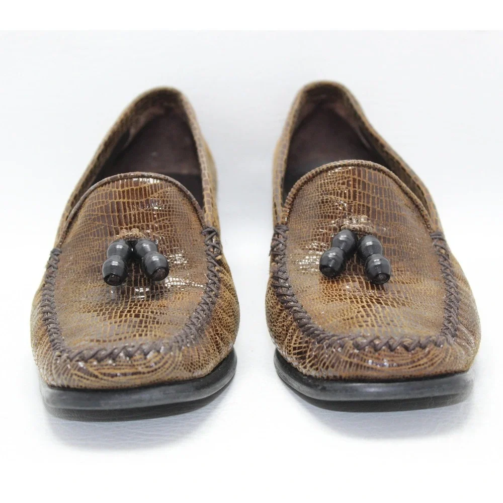 Stuart Weitzman Brown Lizard Embossed‎ Leather Tassel Loafers Block Heel 6.5B